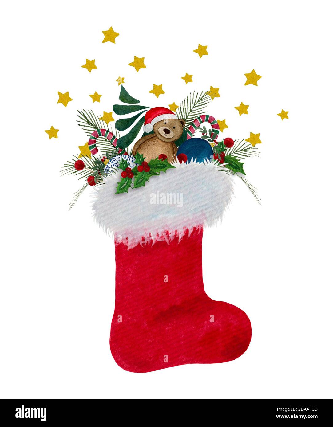 Festivo Natale calza decorazione, acquerello Natale decorazione con stivale rosso Babbo Natale e regali isolati su bianco, rosso Santa scarpa Foto Stock