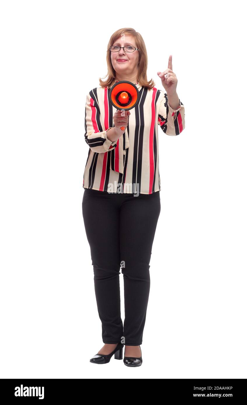in piena crescita. donna adulta fiduciosa con un megafono Foto Stock