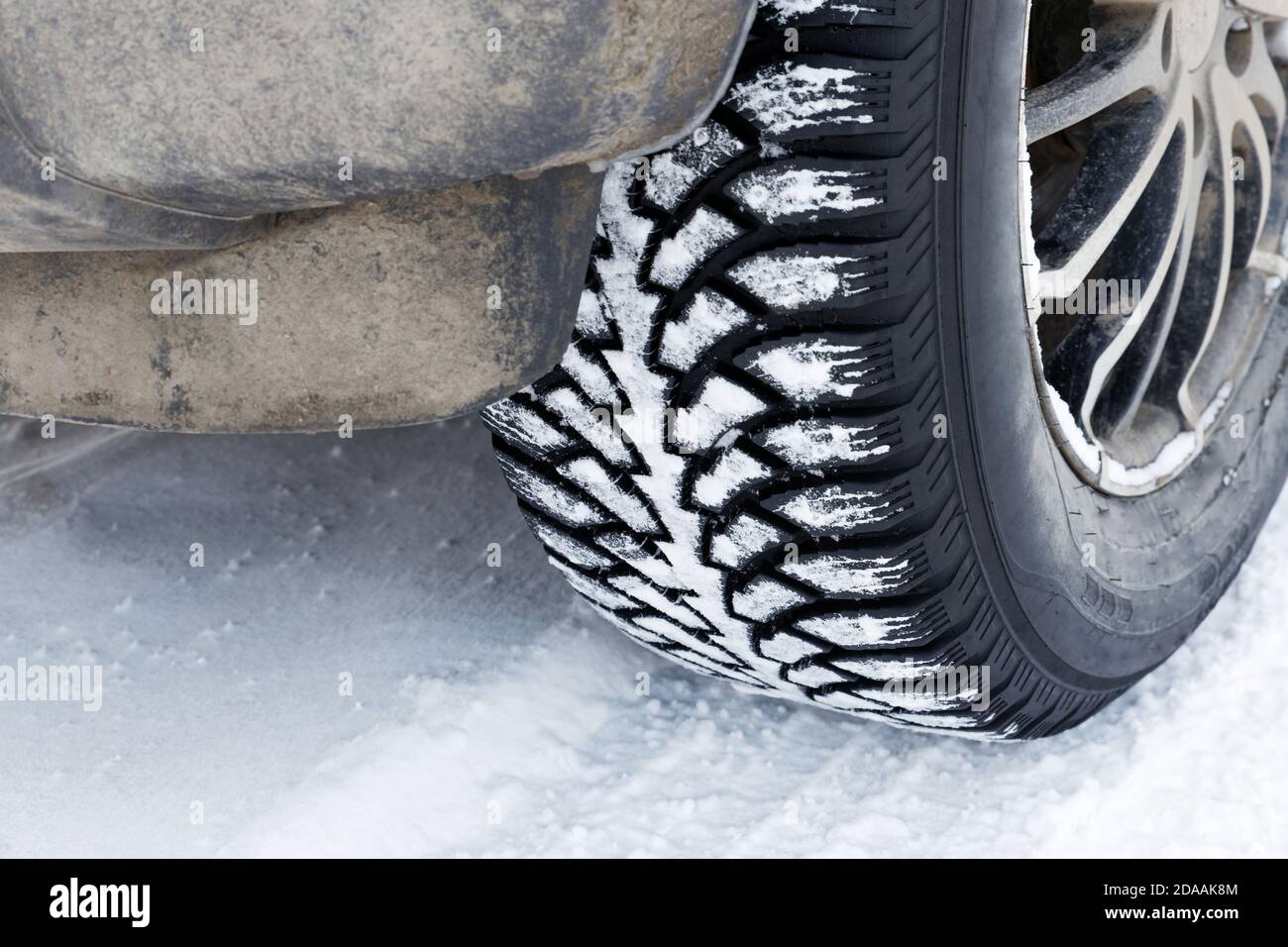 Chiocciate la ruota invernale con punte in ferro per terreni fangosi e innevati. Messa a fuoco superficiale. Foto Stock