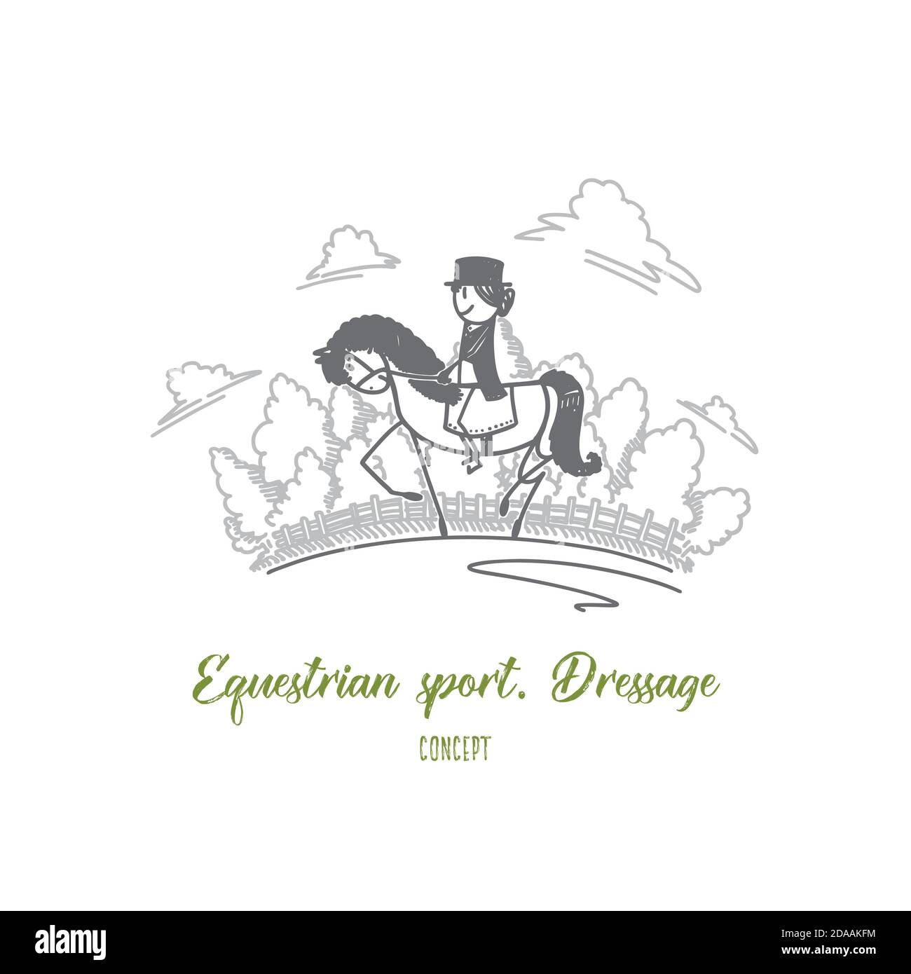 Concetto di dressage sportivo equestre. Vettore isolato disegnato a mano Illustrazione Vettoriale