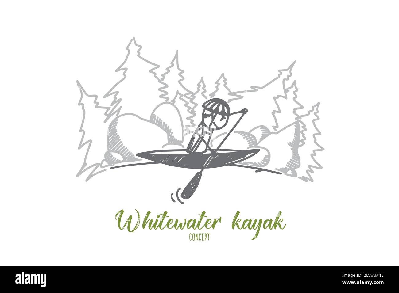 Concetto di kayak in whitewater. Vettore isolato disegnato a mano. Illustrazione Vettoriale