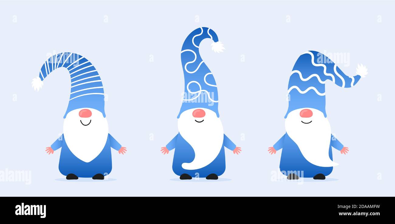 Set di simpatici gnomi natalizi in simpatici cappelli di colore blu. Illustrazione vettoriale degli elfi settentrionali, cartone animato nani scandinavi. Elementi xmas per il design Illustrazione Vettoriale