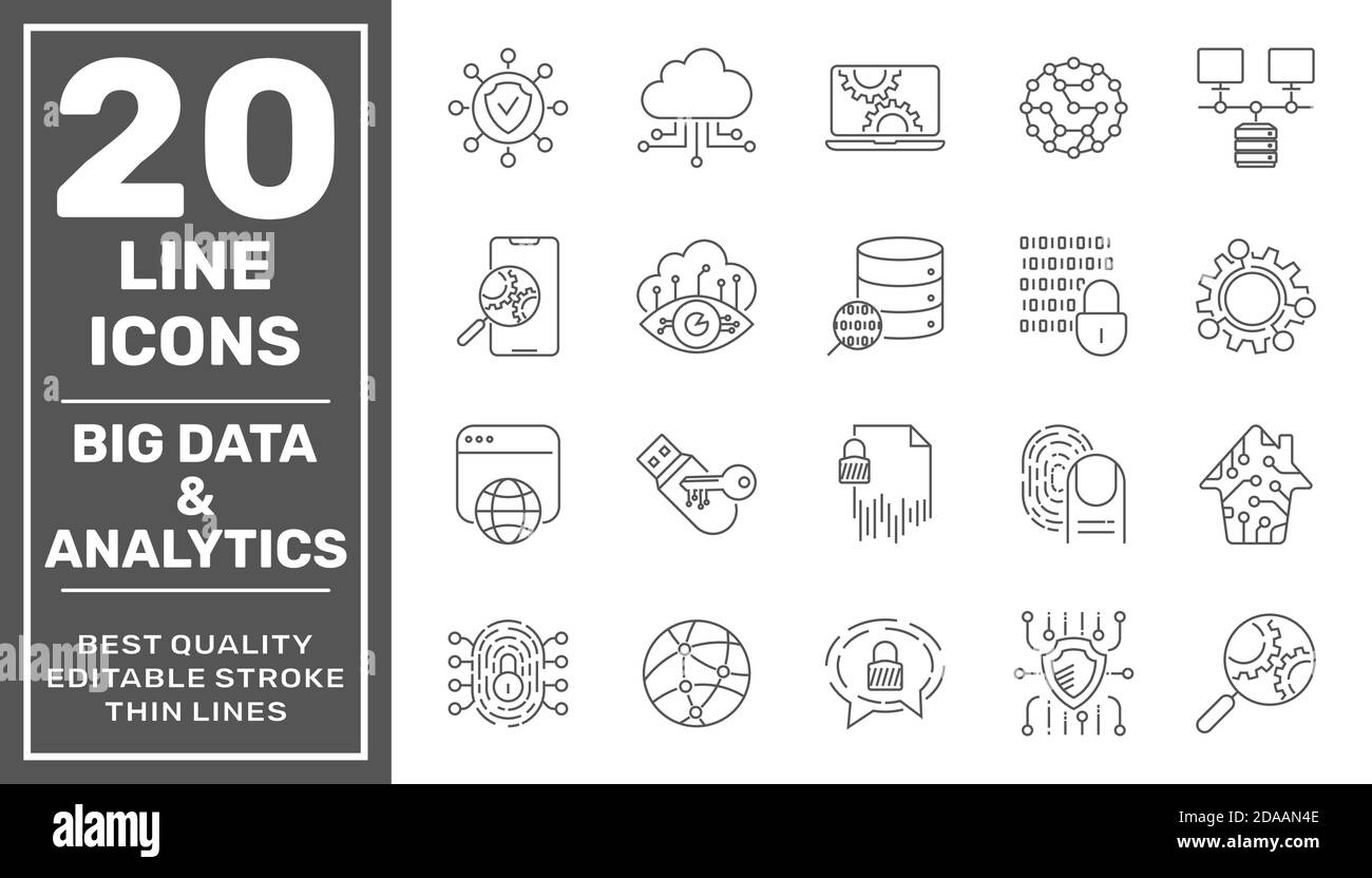 Set di icone vettoriali per linee di elaborazione dati. Contiene icone come Big Data, analisi dei dati, raccolta dati, cloud computing, apprendimento automatico, sicurezza Illustrazione Vettoriale