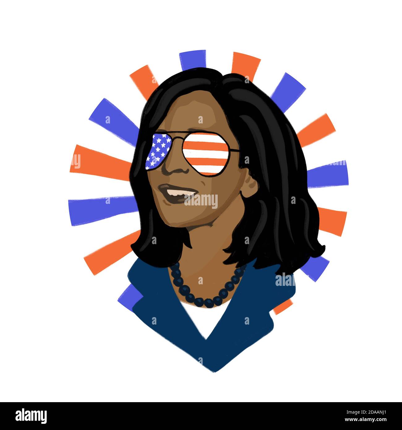 Vienna, Austria, 11.11.2020 Kamala Harris Vicepresidente eletto illustrazione disegnata a mano. Kamala indossare occhiali da sole con bandiera americana. Stati Uniti patriottici Foto Stock