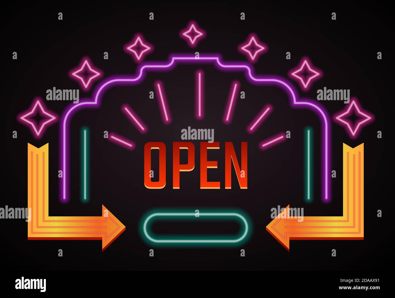 Aprire i cartelli con le frecce e il banner delle luci al neon Illustrazione Vettoriale