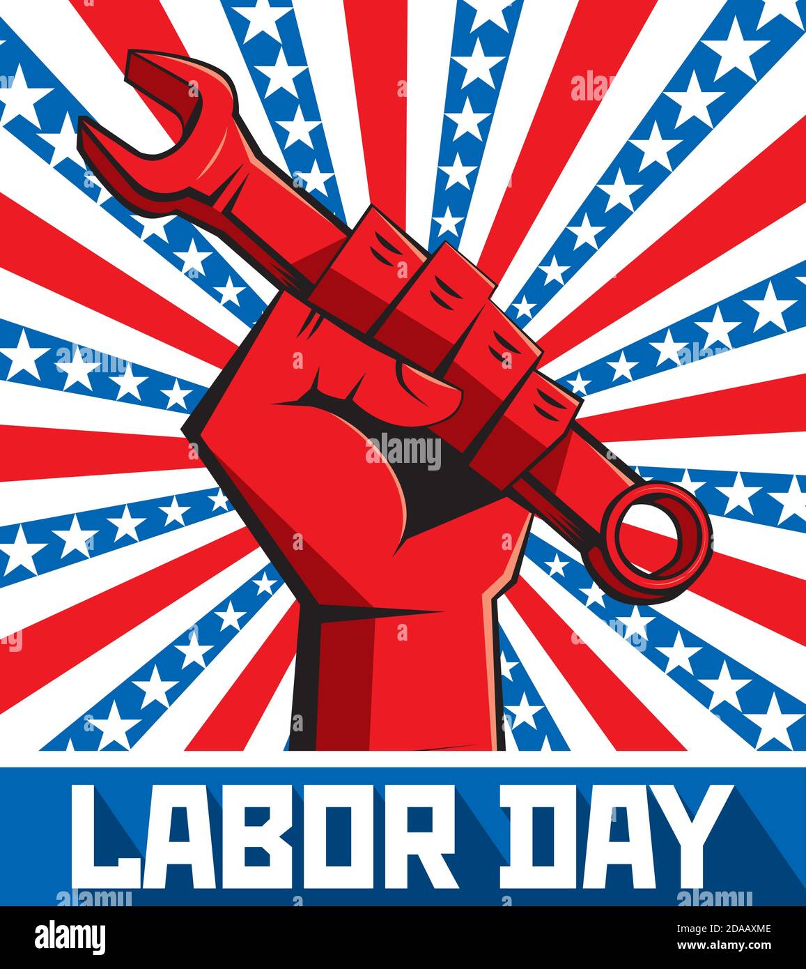 Biglietto d'auguri con giorno del lavoro. La mano di un lavoratore che tiene nel suo pugno una chiave sullo sfondo della bandiera degli Stati Uniti Illustrazione Vettoriale