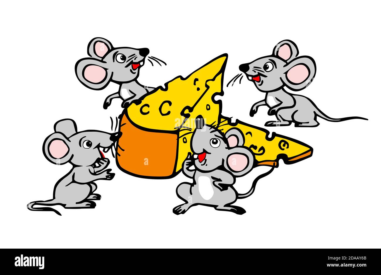 Quattro piccoli topi trovarono un grosso pezzo di formaggio. Illustrazione vettoriale divertente su sfondo trasparente Illustrazione Vettoriale