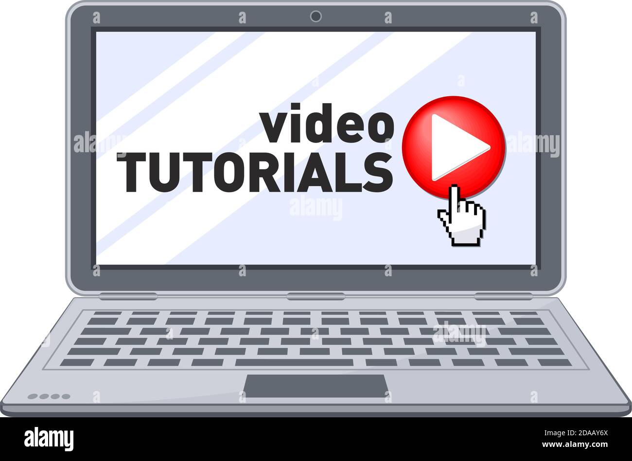 Tutorial video online formazione sullo schermo del notebook. Pulsante e cursore dell'apprendimento a distanza. Concetto di lezione di distanza online . Illus Illustrazione Vettoriale
