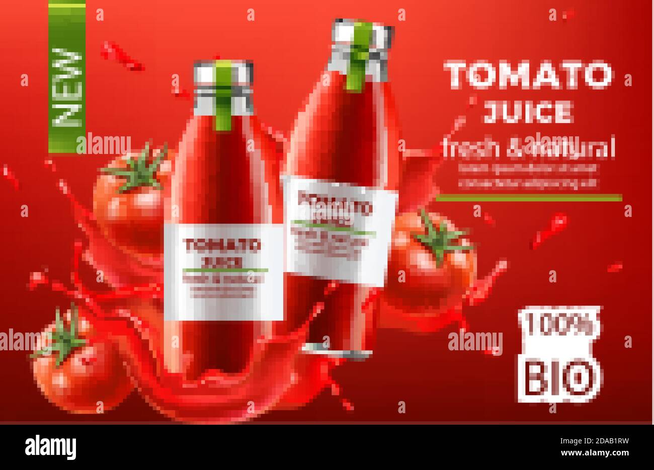 Due bottiglie con succo biologico fresco e naturale immerse in liquido fluente e pomodori. Posiziona per il testo. Posizionamento realistico del prodotto mockup 3D. Vettore Illustrazione Vettoriale