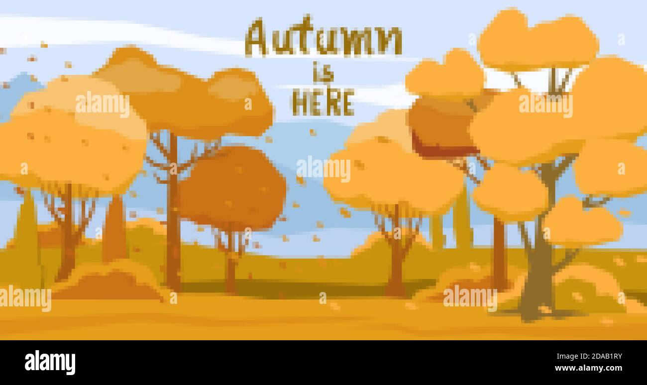 Foresta autunnale con foglie d'arancio caduto trasportate dal vento. Vettore Illustrazione Vettoriale