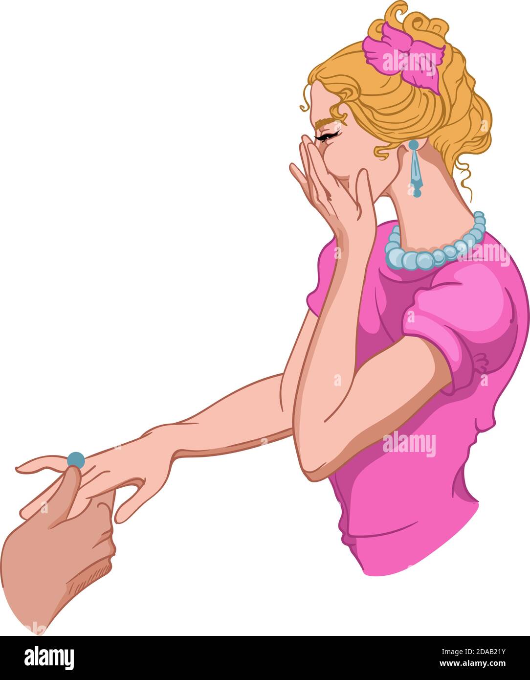 Gioiosa donna vestita di rosa nasconde il suo sorriso mentre un uomo sta mettendo un anello sul suo dito. Vettore Illustrazione Vettoriale