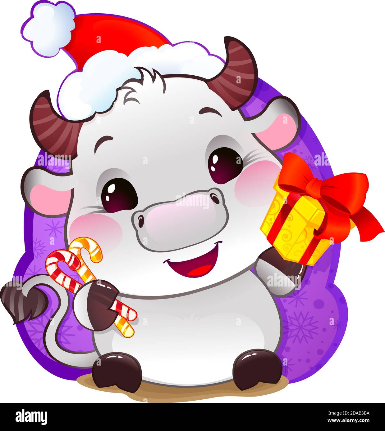 Bianco metallo Ox nel cappello di Babbo Natale, con confezione regalo - simbolo dell'oroscopo cinese per il nuovo anno Illustrazione Vettoriale