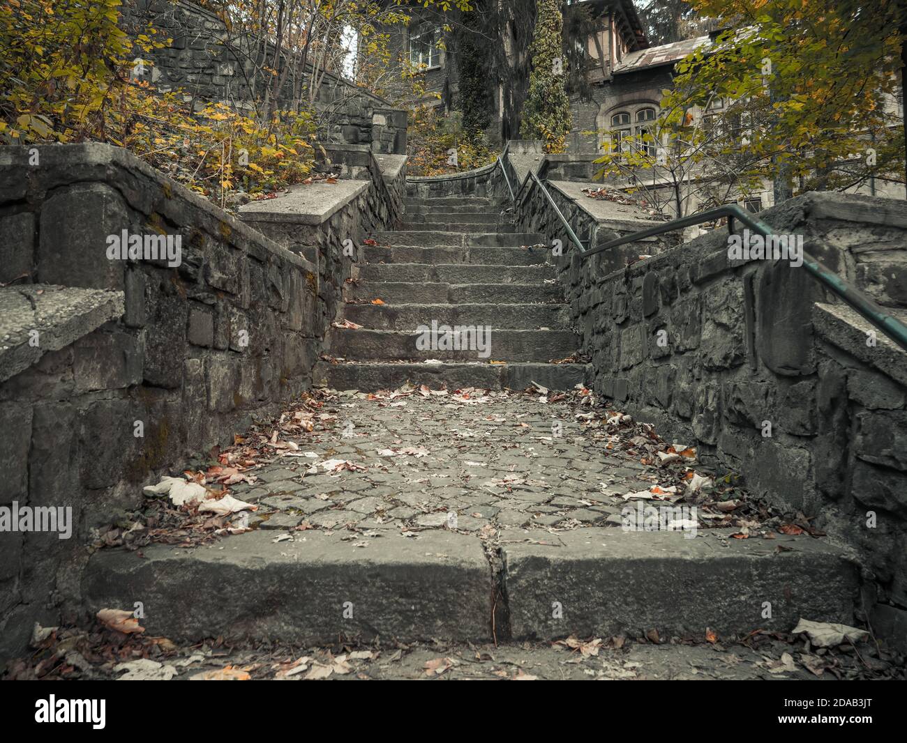 Vecchie scale medievali in ciottoli in pietra nella città di Sinaia, Romania. Foto Stock