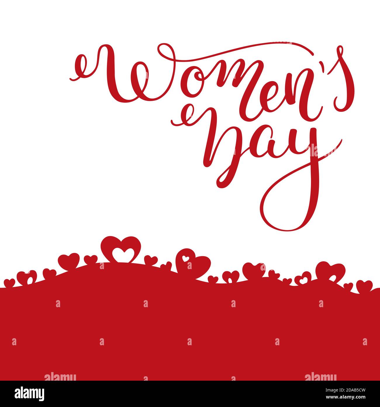 Scritta Hand Women's Day con cuori. Giornata internazionale della donna. Modello biglietto d'auguri, poster. Illustrazione Vettoriale