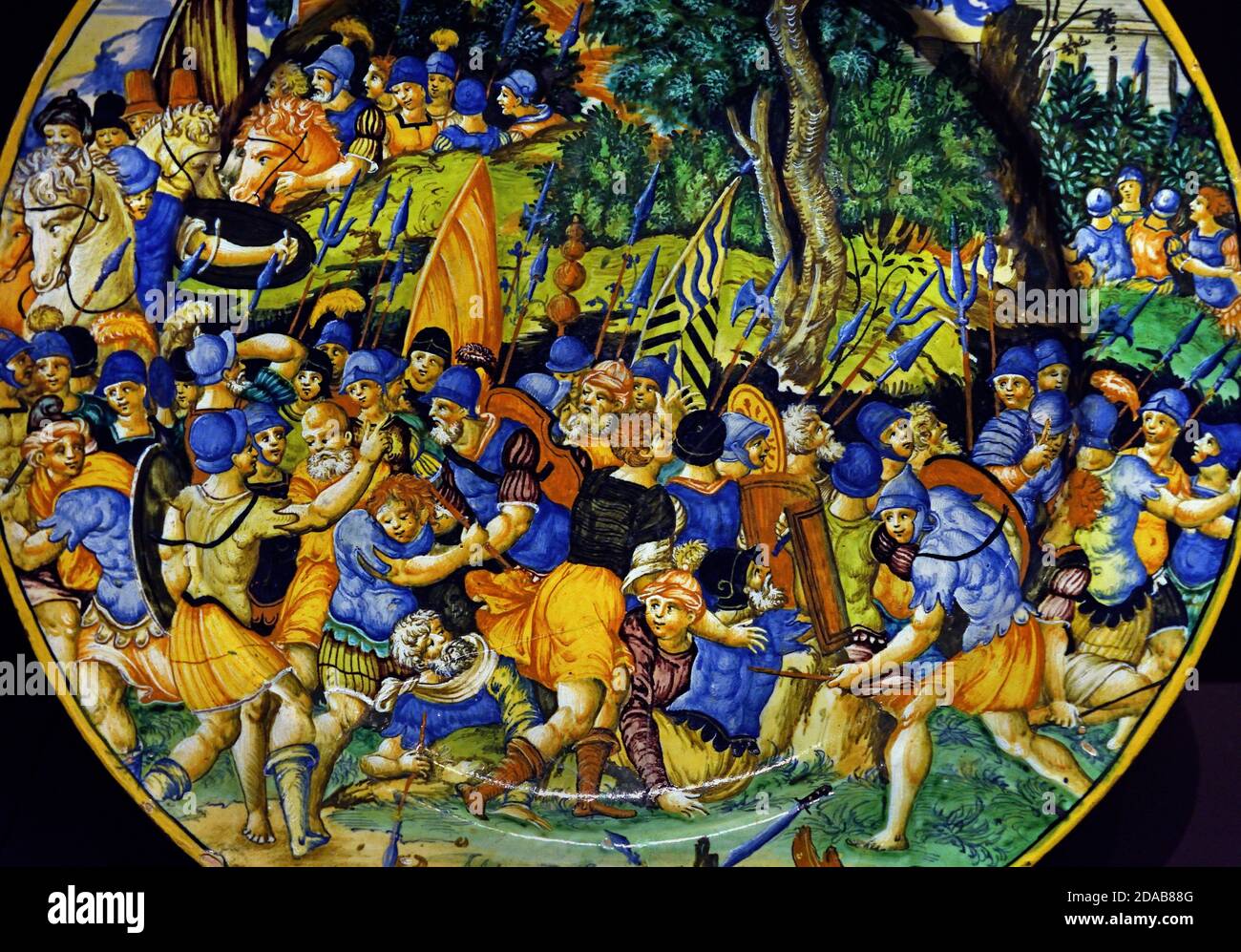 Piatto con una battaglia tra Giulio Cesare e Pompeo 1543 Orazio Fontana 1510-1571 Urbino ( il Farsalo, nella Grecia orientale, fu il luogo di una battaglia decisiva nel 48 a.C. tra due dei più grandi generali di Roma: Pompeo il Grande e Giulio Cesare. ) Italia, Italiano Foto Stock