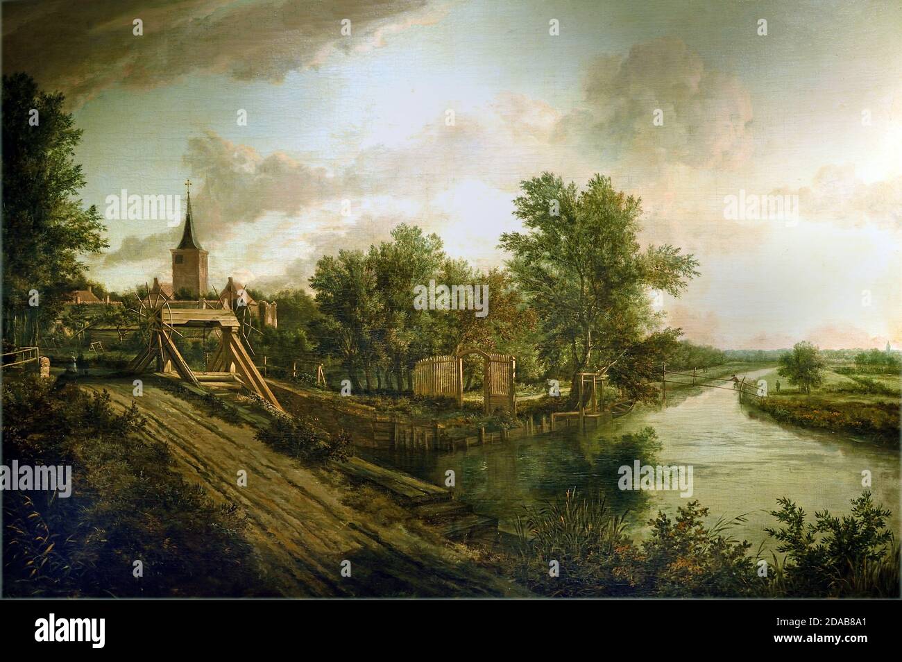 Paesaggio con Overtoom 1660 Paesi Bassi, olandese. ( un overtoom è un impianto in cui una nave è tirata sopra terra da un'acqua all'altra, con lo scopo di superare una differenza di livello dell'acqua. l'overtoom può essere visto come un precursore del blocco. ) Foto Stock