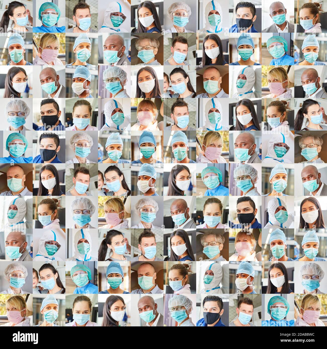 Ritratto collage di persone e medici con maschere durante pandemia di coronavirus Foto Stock