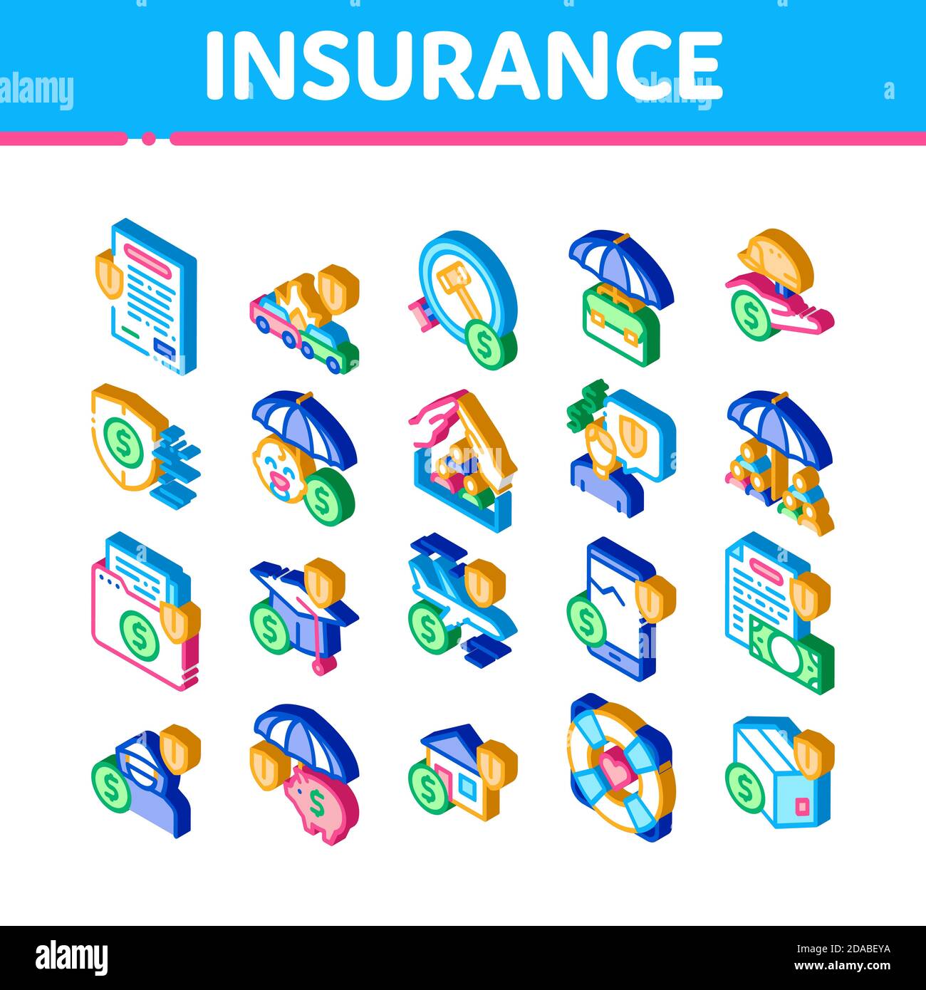 Vettore impostato icone isometriche universali assicurative Illustrazione Vettoriale