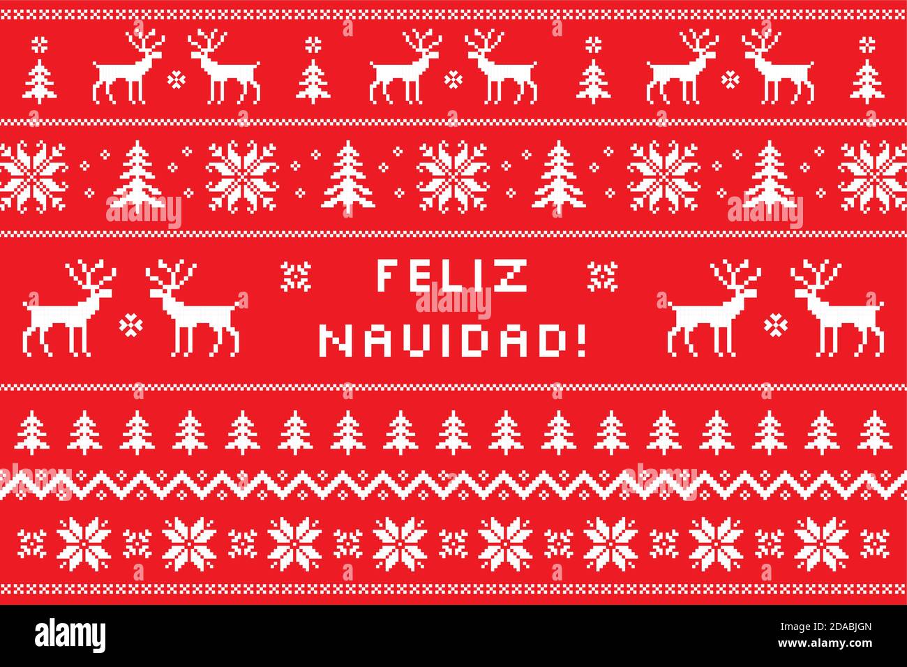 Buon Natale in spagnolo - Feliz Navidad biglietto d'auguri con classico maglione invernale. Modello di maglia nordica con cervi, fiocchi di neve e. Illustrazione Vettoriale