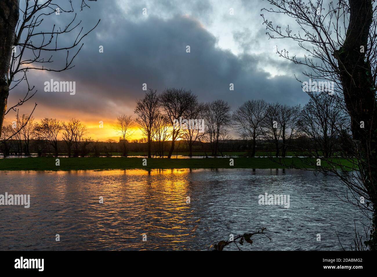 Caheragh, West Cork, Irlanda. 11 Nov 2020. Il sole tramonta su campi allagati a Caheragh, vicino a Skibbereen, dopo una giornata di pioggia torrenziale. L'alluvione arriva nel mezzo di un MET Éireann giallo avvertimento meteo per la contea di Cork, che è in atto fino alle 18 di questa sera. Credit: AG News/Alamy Live News Foto Stock