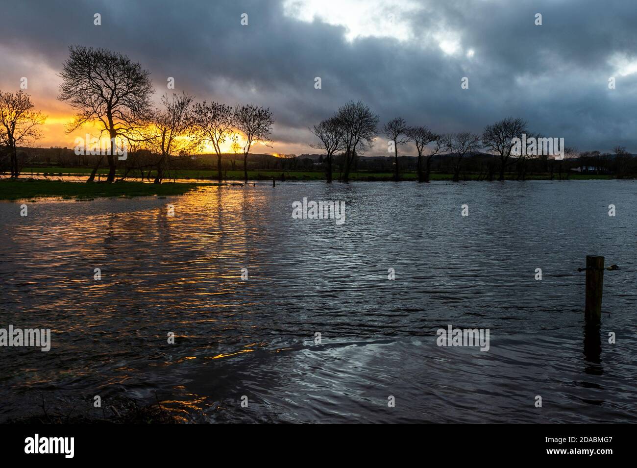 Caheragh, West Cork, Irlanda. 11 Nov 2020. Il sole tramonta su campi allagati a Caheragh, vicino a Skibbereen, dopo una giornata di pioggia torrenziale. L'alluvione arriva nel mezzo di un MET Éireann giallo avvertimento meteo per la contea di Cork, che è in atto fino alle 18 di questa sera. Credit: AG News/Alamy Live News Foto Stock