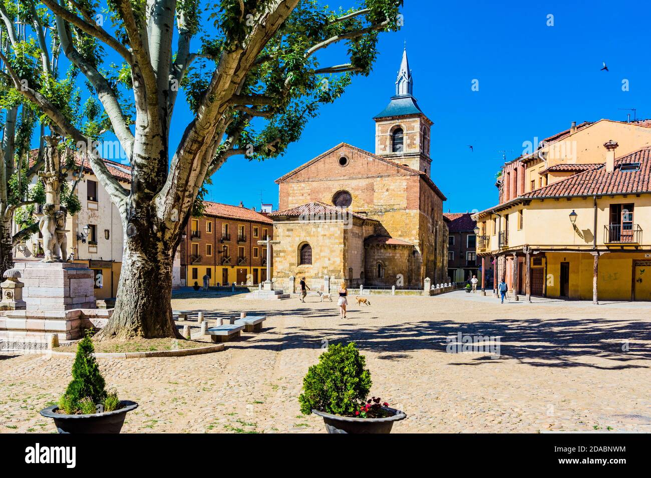 Grano quadrato - Plaza del trigo, in fondo l'abside della chiesa di nostra Signora del mercato - Nuestra Señora del Mercado. León, Castilla y León, Sp Foto Stock