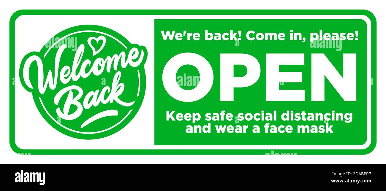 Apri il cartello sulla porta d'ingresso entra, stiamo riaprendo! Mantenere la distanza sociale e indossare la maschera facciale. Vettore Illustrazione Vettoriale