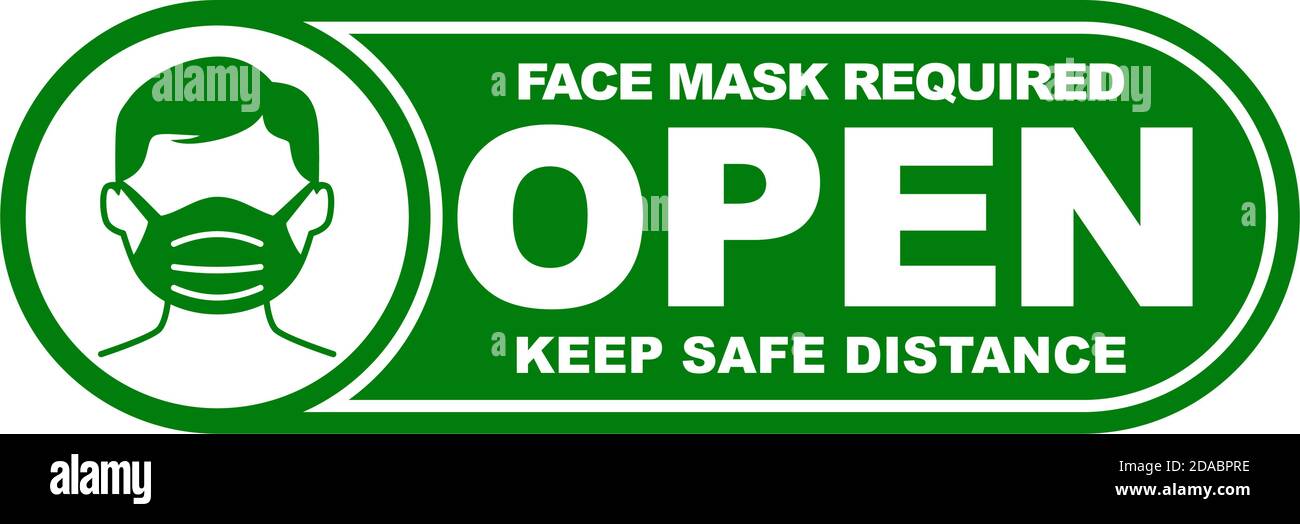 Aprire la piastra dello sportello di identificazione. Adesivo verde su sfondo trasparente. Maschera facciale necessaria e mantenere la distanza di sicurezza. Illustrazione, vettore Illustrazione Vettoriale