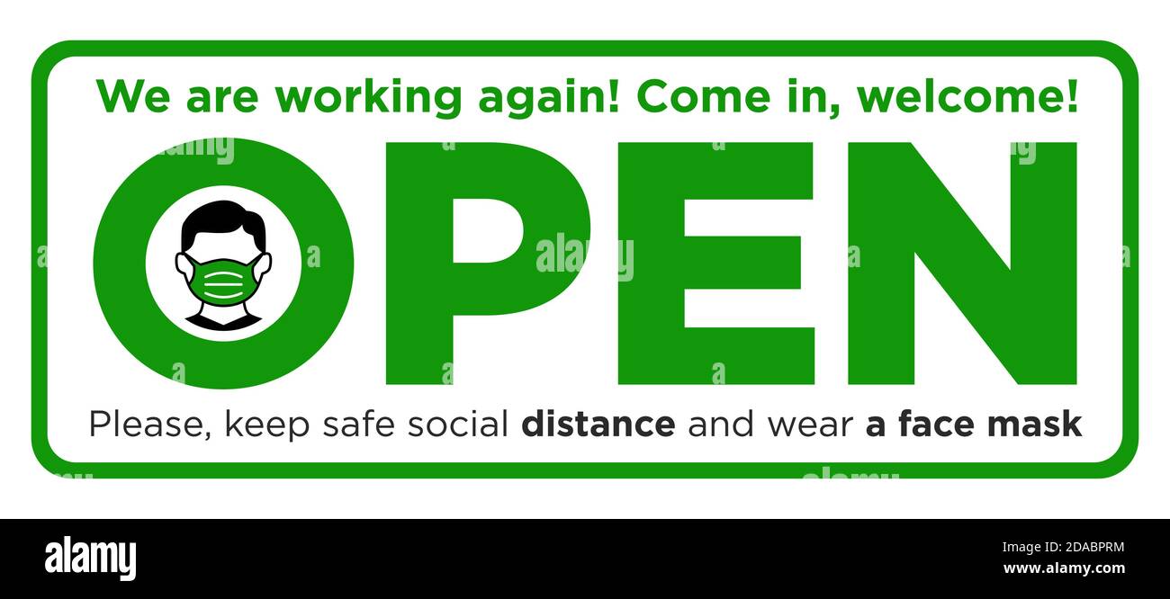 Targhetta informativa sulla porta anteriore, siamo nuovamente aperti. Indossare la maschera facciale prima di entrare e mantenere la distanza di sicurezza. Apertura di un negozio, caffè, ufficio dopo Illustrazione Vettoriale