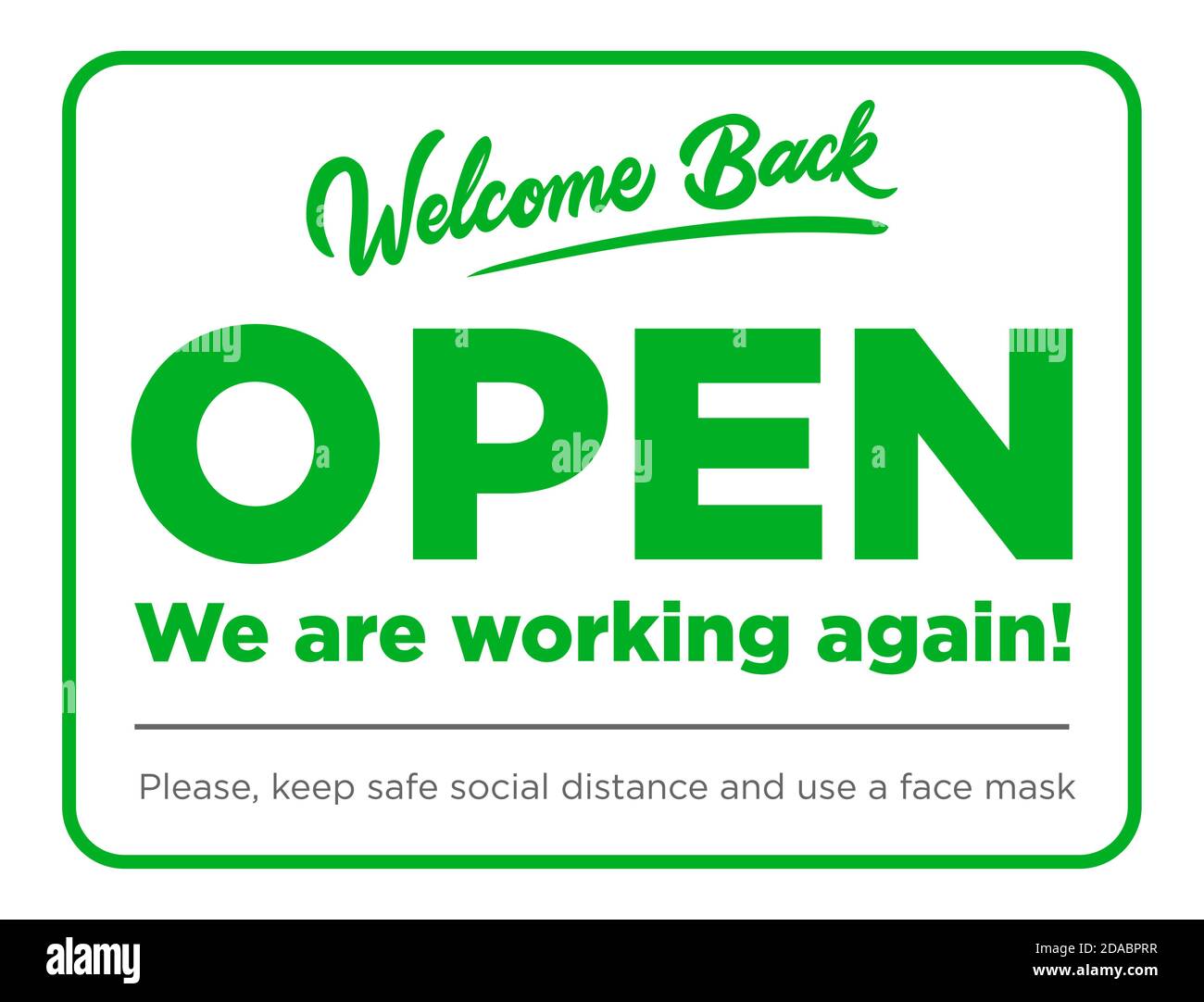 Cartello aperto sulla porta d'ingresso - Bentornato! Stiamo lavorando di nuovo. Mantenere la distanza sociale e utilizzare la maschera facciale. Vettore Illustrazione Vettoriale