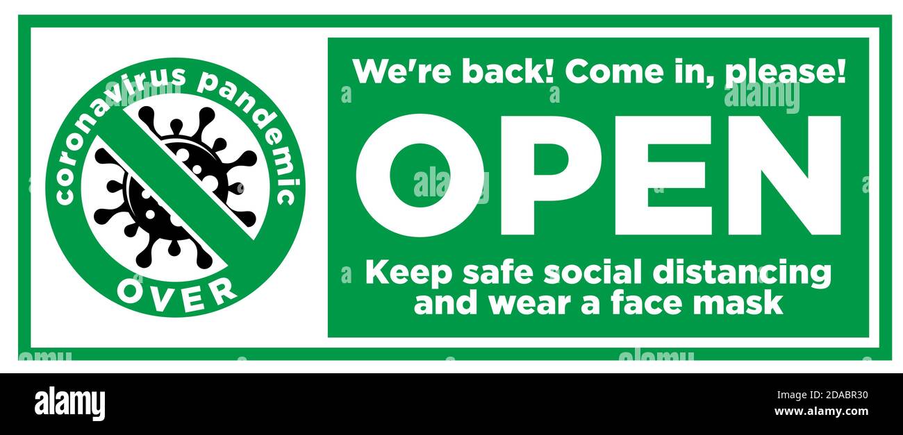 Apri il cartello sulla porta d'ingresso entra, stiamo riaprendo! Mantenere la distanza sociale e indossare la maschera facciale. Vettore Illustrazione Vettoriale