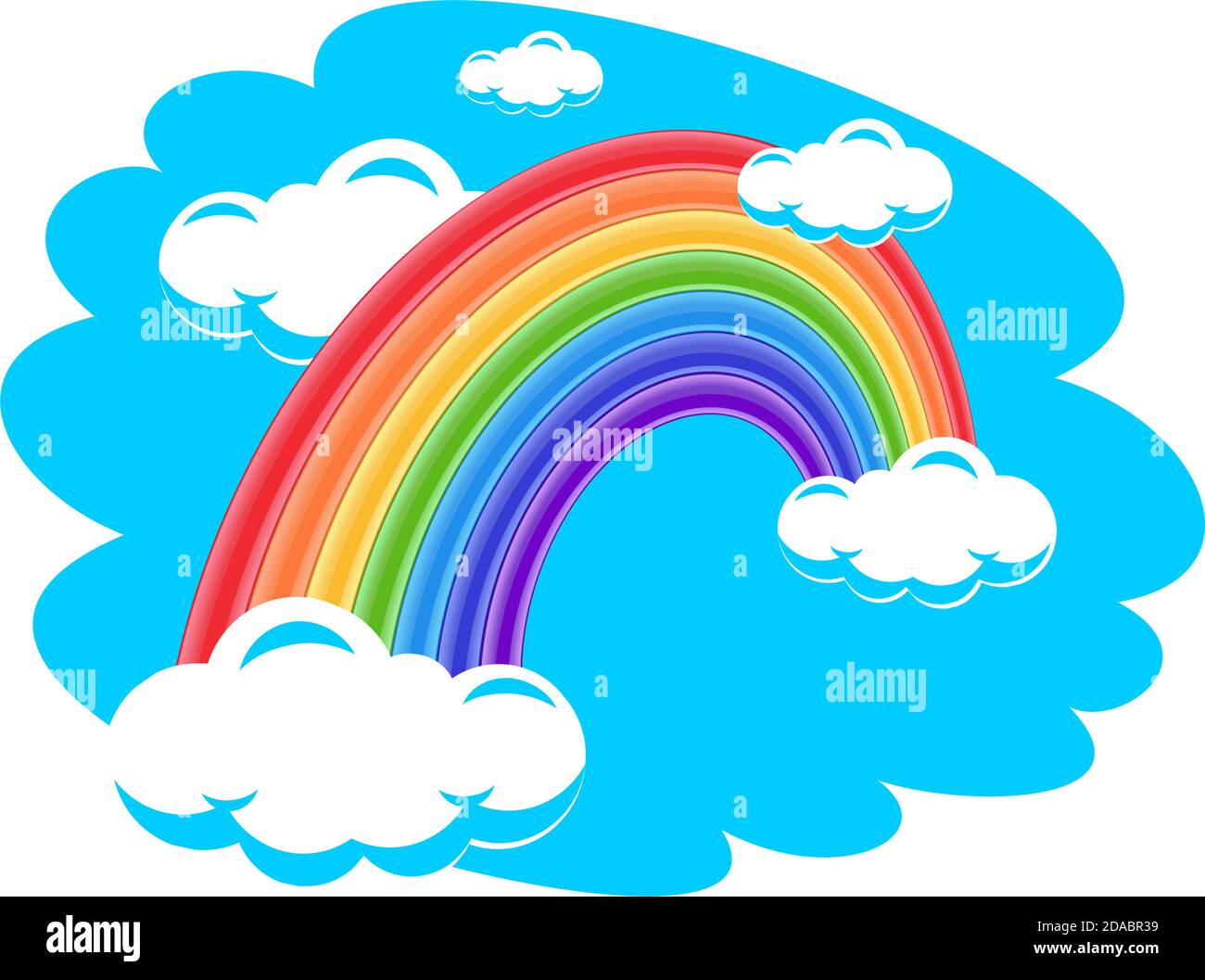 Arcobaleno nel cielo blu con le nuvole. Illustrazione modificabile su sfondo trasparente per la progettazione di un biglietto d'auguri, volantino. Vettore Illustrazione Vettoriale