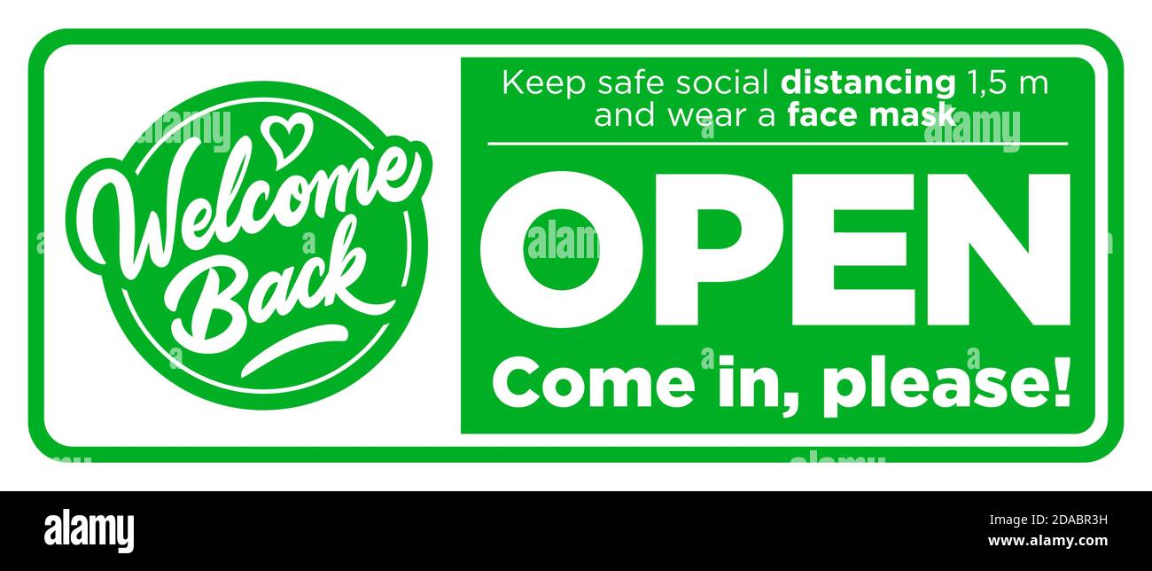 Apri il cartello sulla porta d'ingresso entra, stiamo riaprendo! Mantenere la distanza sociale e indossare la maschera facciale. Vettore Illustrazione Vettoriale