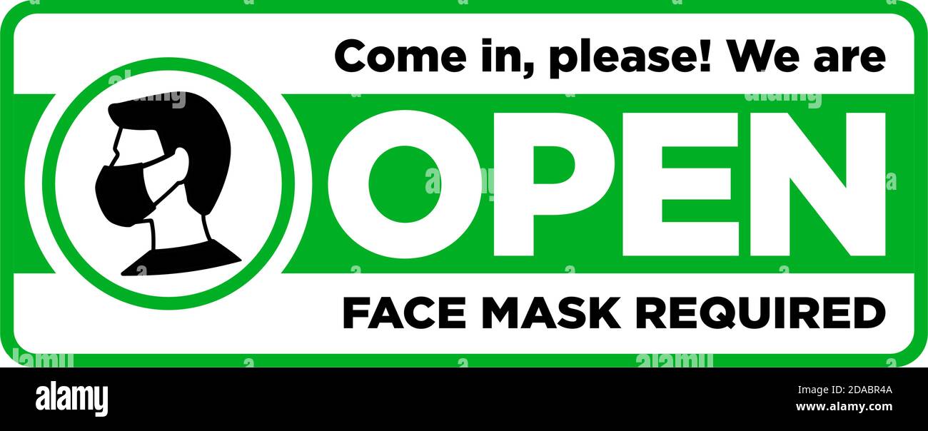 Aprire il cartello sulla piastra della porta d'ingresso. Adesivo verde su sfondo trasparente. Maschera facciale necessaria e mantenere la distanza di sicurezza. Illustrazione, vettore Illustrazione Vettoriale
