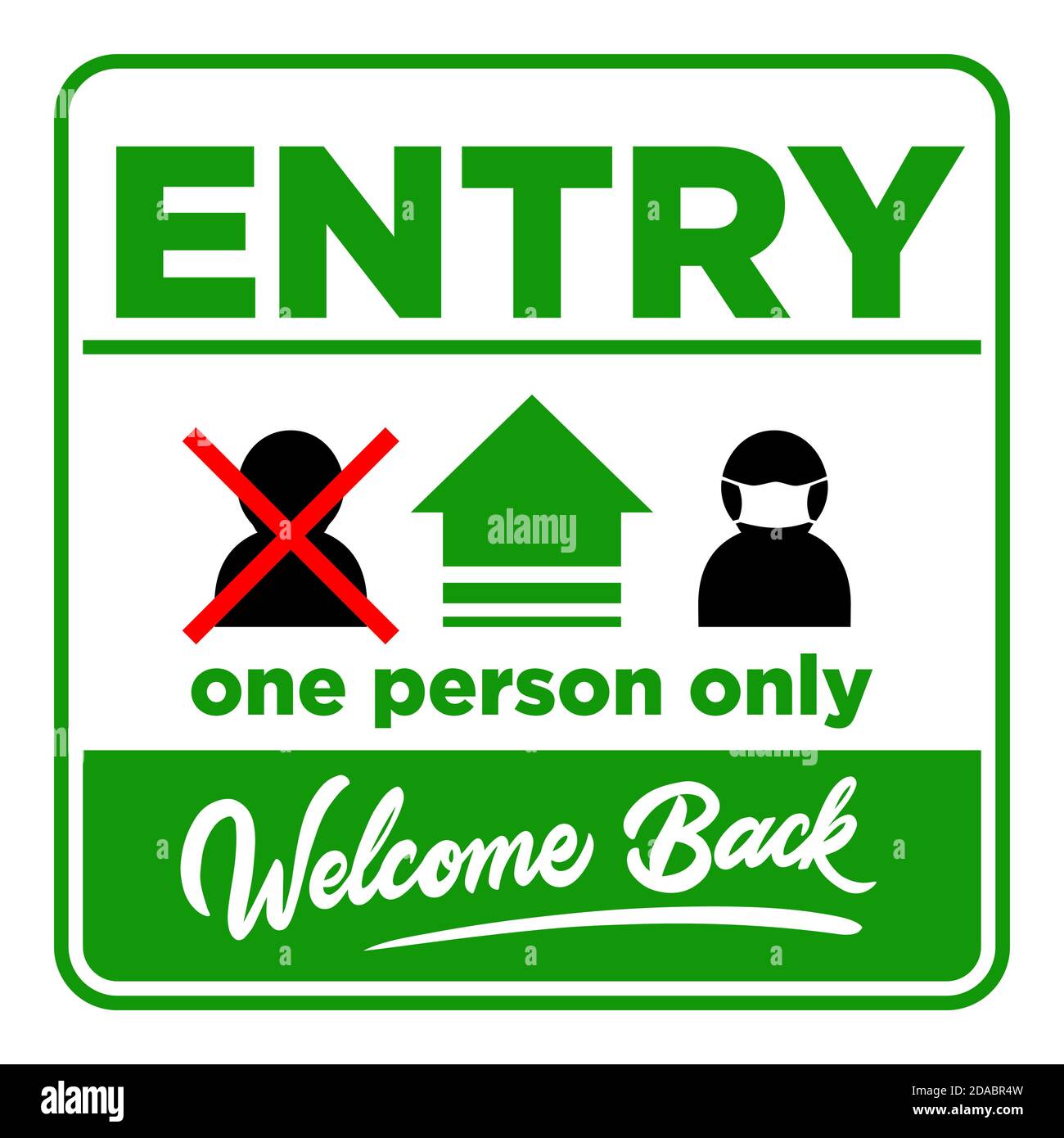 Cartello aperto sulla porta d'ingresso Bentornato! Stiamo lavorando di nuovo. Inserire una sola persona e indossare la maschera facciale. Vettore Illustrazione Vettoriale
