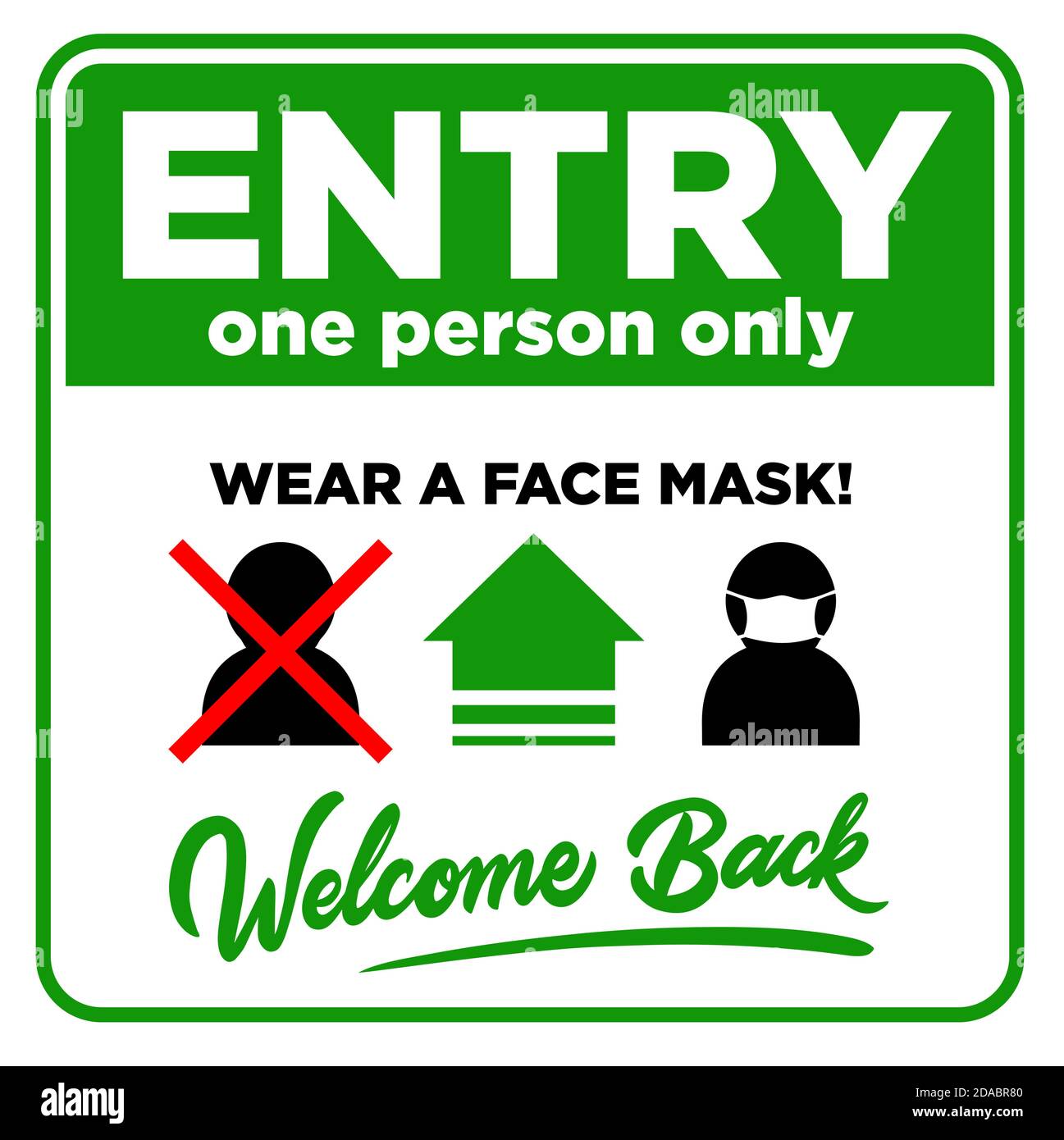 Cartello aperto sulla porta d'ingresso Bentornato! Stiamo lavorando di nuovo. Inserire una sola persona e indossare la maschera facciale. Vettore Illustrazione Vettoriale