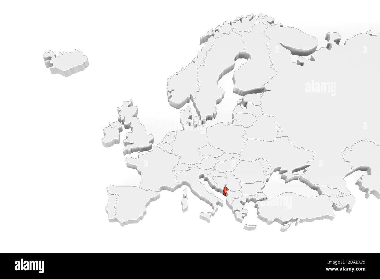 Mappa 3D Europa con confini marcati - area del Montenegro Contrassegnato con bandiera Montenegro - isolato su sfondo bianco con Spazio per il testo - illustrazione 3D Foto stock - Alamy