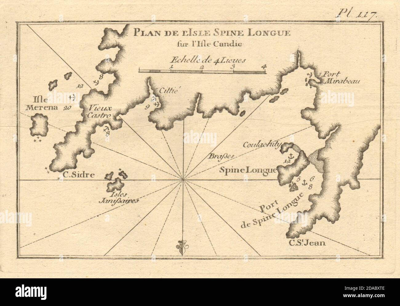 Isle spine Longue… Candie. Spinalonga Mirabello Elounda Creta. Mappa ROUX 1804 Foto Stock