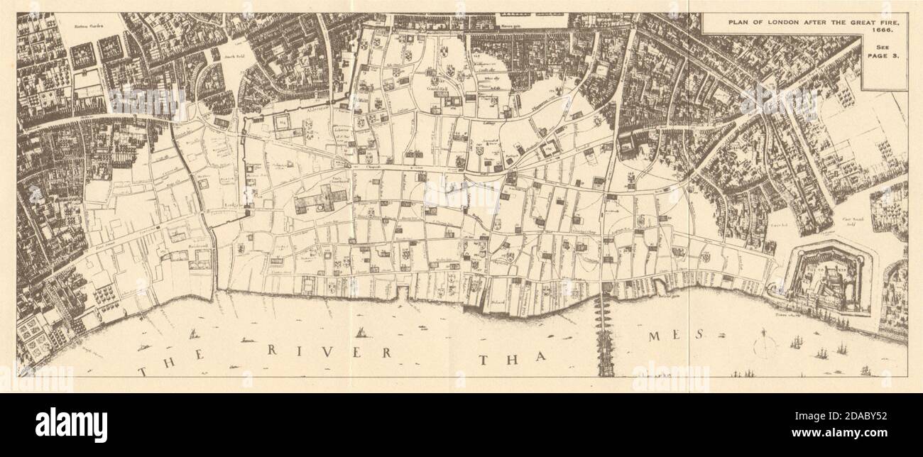 LONDRA MEDIEVALE. Piano di Londra dopo il Grande incendio 1666 1923 vecchia mappa vintage Foto Stock