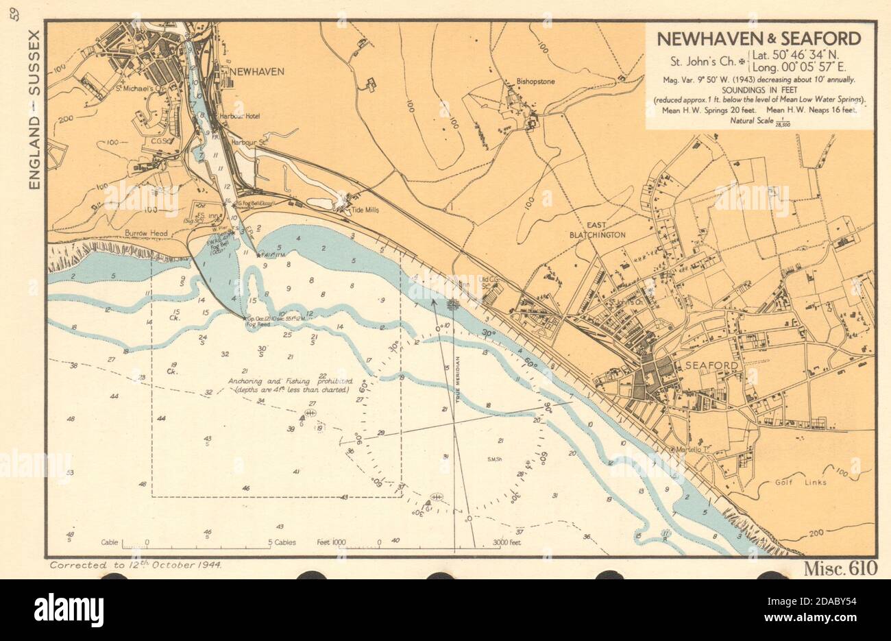 Pianta della città di Newhaven & Seaford e mappa della costa del mare. Sussex. ADMIRALTY 1944 vecchia mappa Foto Stock