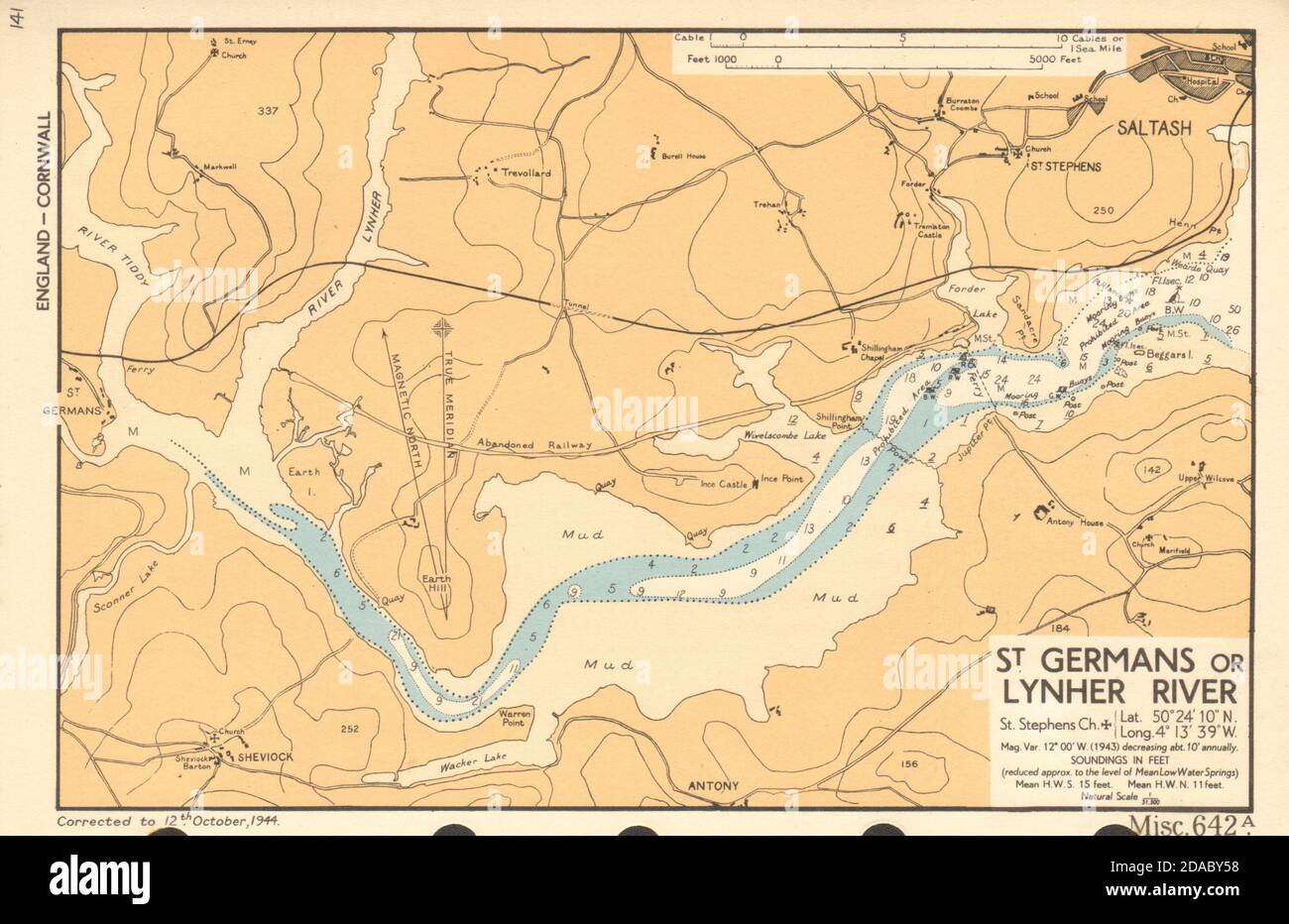 St. Germani o Lynher River. Saltash Cornovaglia mare costa mappa DI ADMIRALTY 1944 Foto Stock