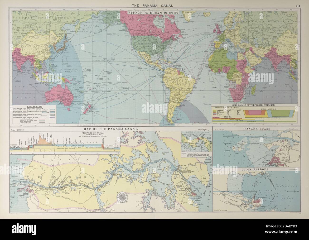 EFFETTO CANALE DI PANAMA sulle rotte oceanici. Profili delle mappe. Colon. GRANDE 1927 vecchio Foto Stock