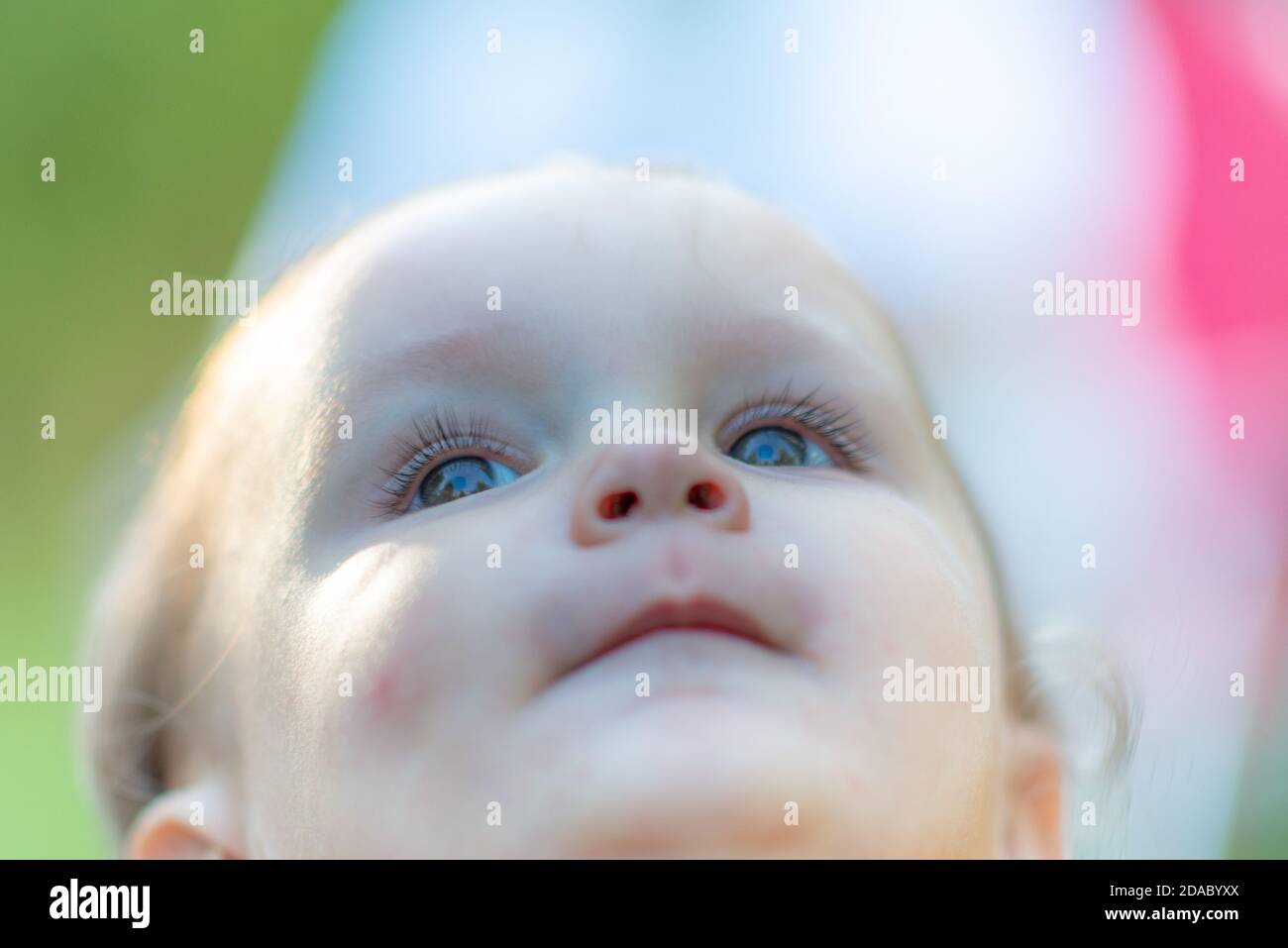 Il viso del bambino si concentra in primo piano su occhi e ciglia Foto Stock
