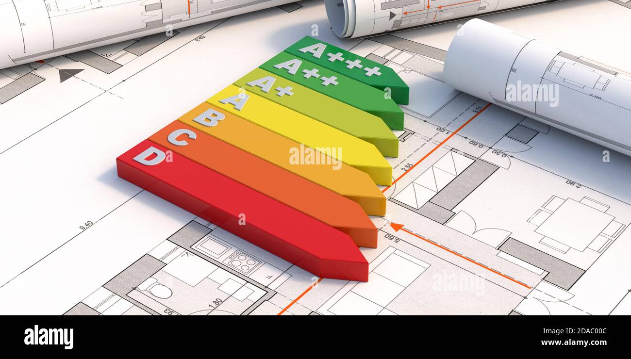 Tabella di valutazione dell'efficienza energetica sullo sfondo dei piani di progetto. Concetto di costruzione amichevole Environmental. illustrazione 3d Foto Stock