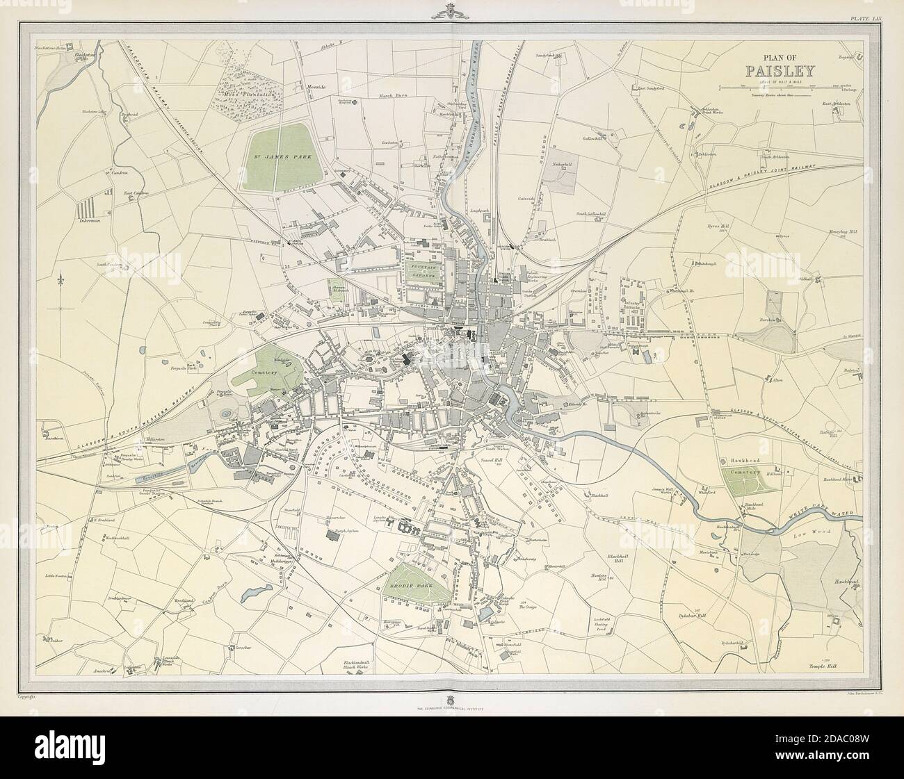 Grande città antica PAISLEY / piano della città. 45 x 55 cm. GRANDE 1895 vecchia mappa Foto Stock