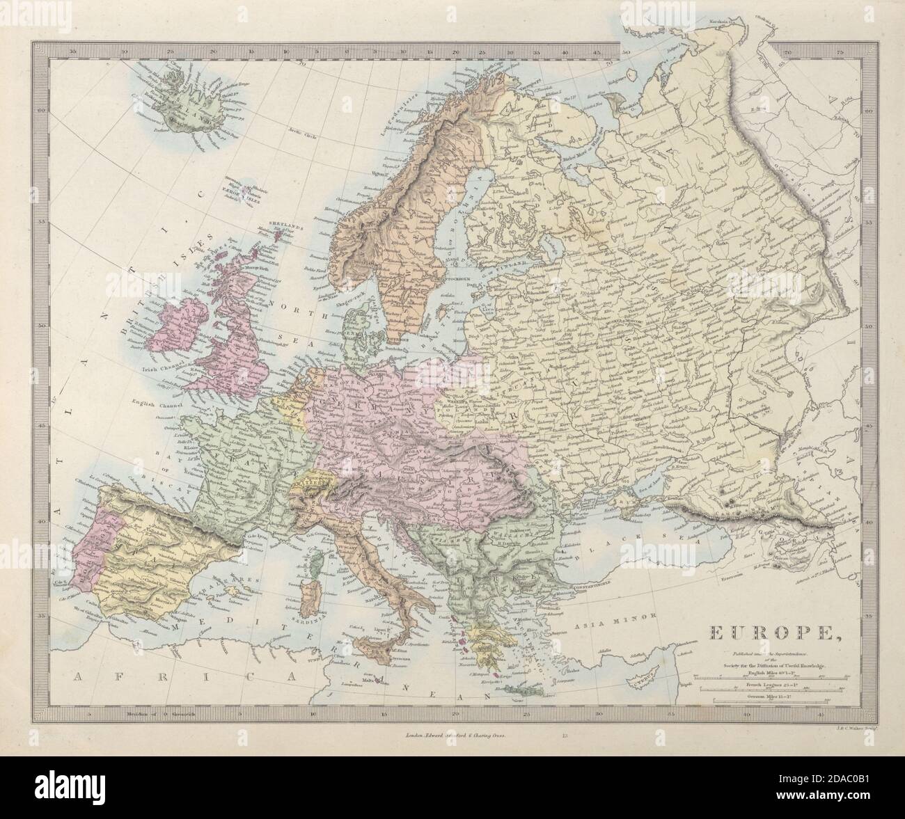 Mappa generale DELL'EUROPA. Lombardia-Veneto austriaca. Creta turca. SDUK 1857 Foto Stock