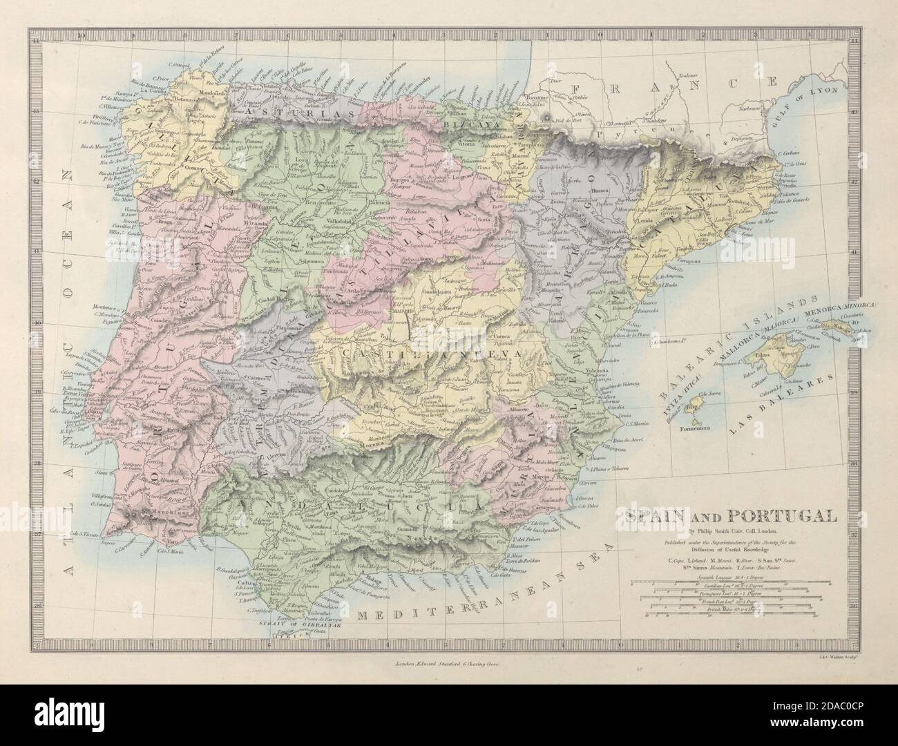 IBERIA. Spagna e Portogallo mostrano le province. SDUK 1857 vecchia mappa antica Foto Stock