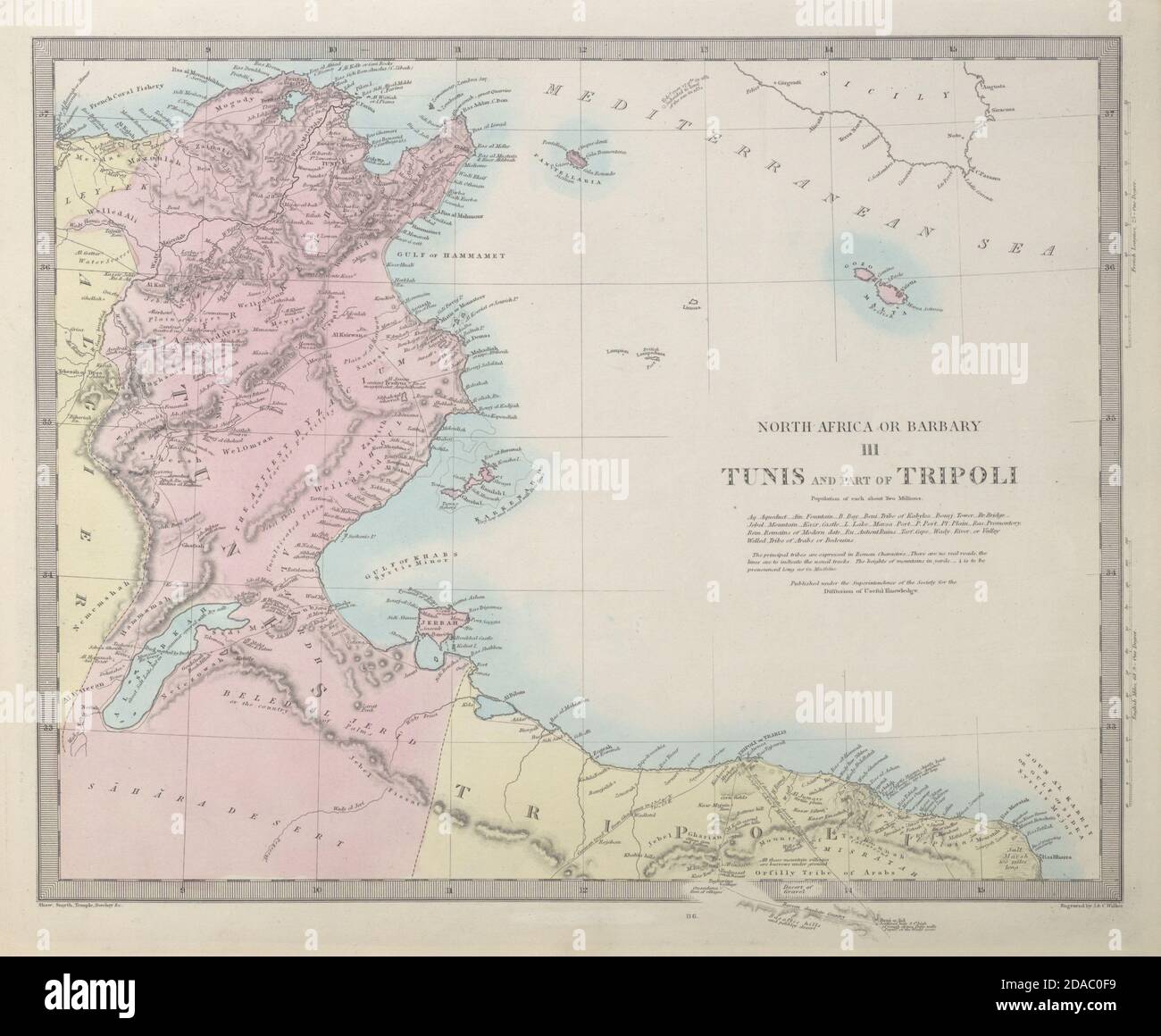 NORD AFRICA O BARBARY III. Tunisi & parte di Tripoli Tunisia Libia SDUK 1857 mappa Foto Stock