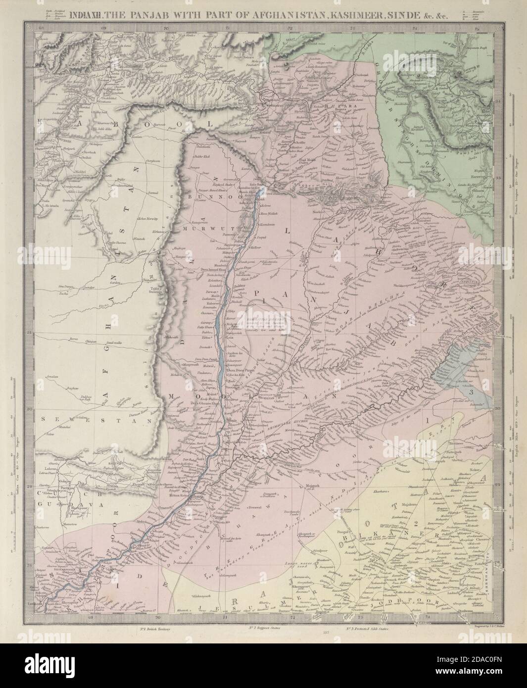 INDIA BRITANNICA. PANJAB Pakistan Punjab Afghanistan Kashmir Sende. Mappa SDUK 1857 Foto Stock