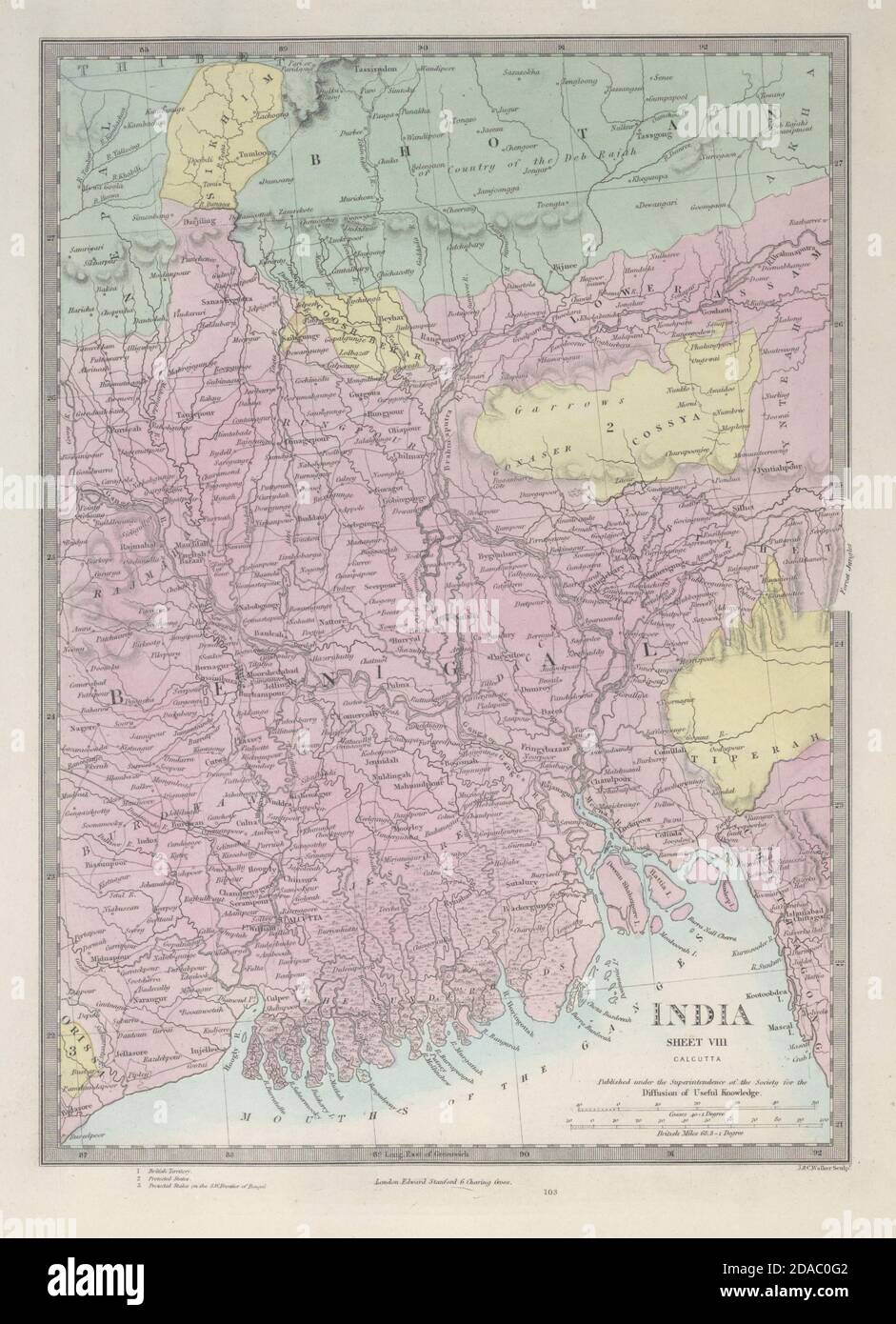 BRITISH INDIA Bengala Occidentale & Bangladesh Chittagong Sikim Bhutan. Mappa SDUK 1857 Foto Stock